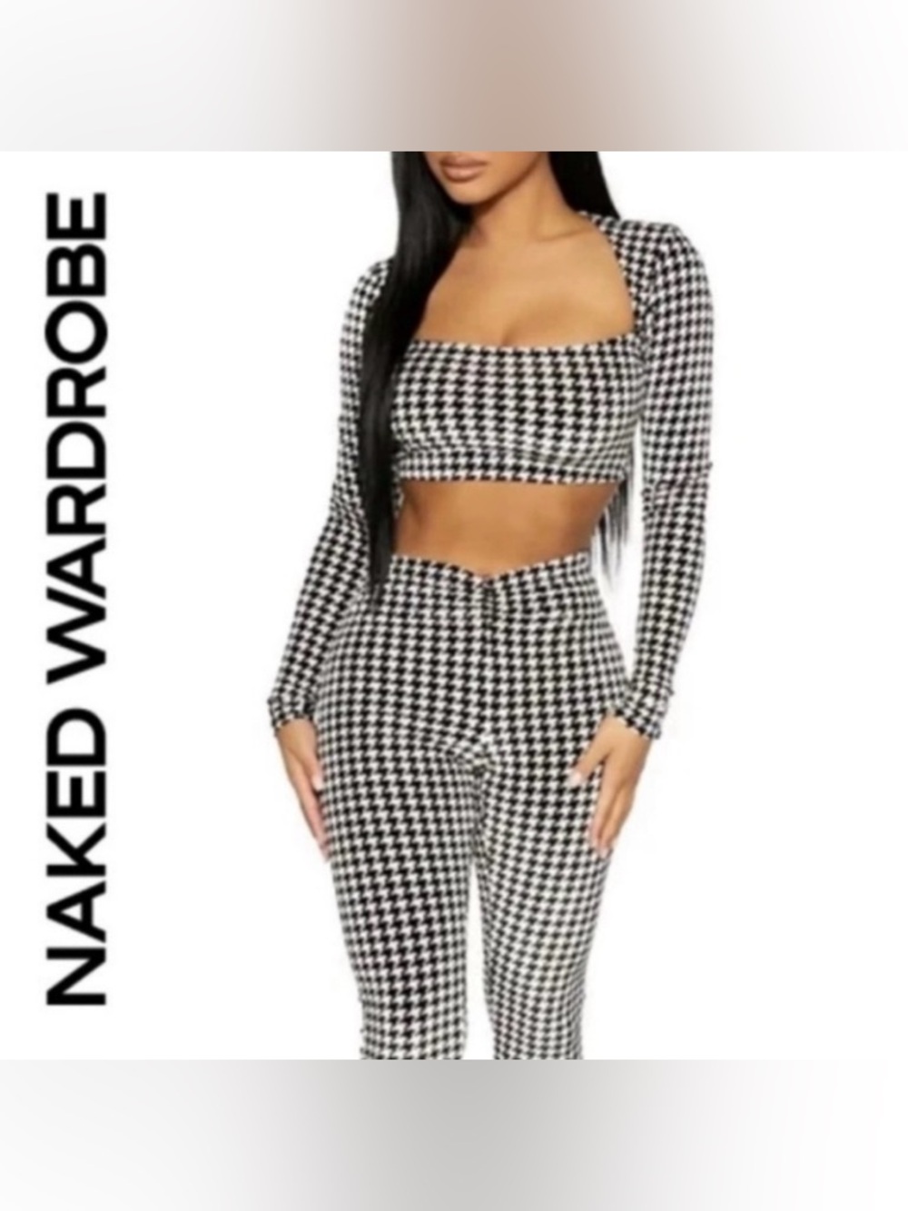 naked wardrobe Black & White Houndstooth Crop Top size Large